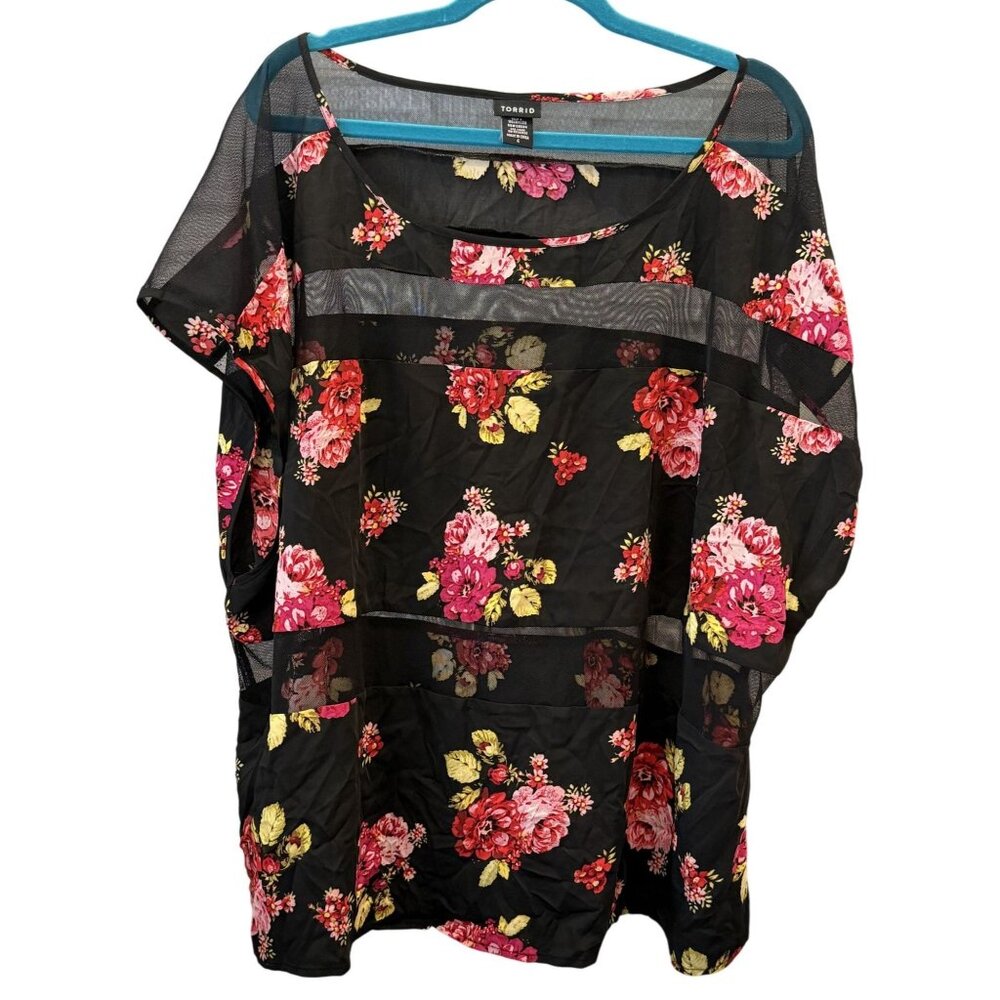 Torrid Womens Floral Mesh Panel Sheer Black Blouse Size 4X Lightweight Flowy Top